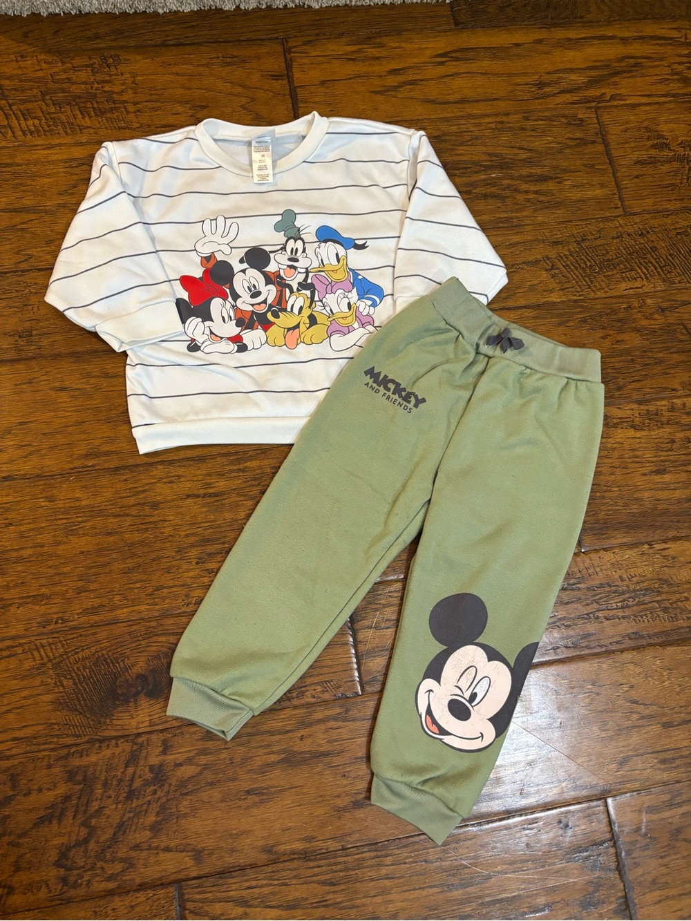 Disney White Striped Mickey & Friends Sweatshirt with Olive Green Joggers